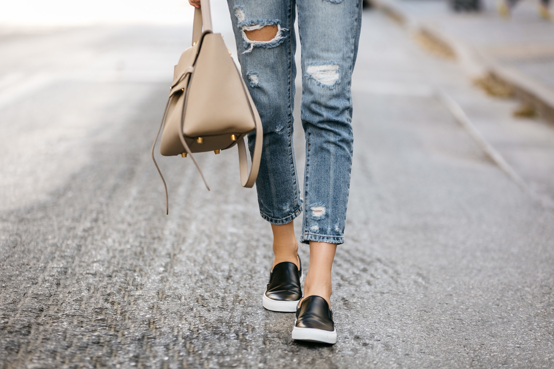 Fashion Jackson, Dallas Blogger, Fashion Blogger, Street Style, Blanknyc Ms Throwback Denim Ripped Relaxed Jeans, Celine Belt Bag, Greats The Wooster Sneaker, Black Slip-On Sneakers