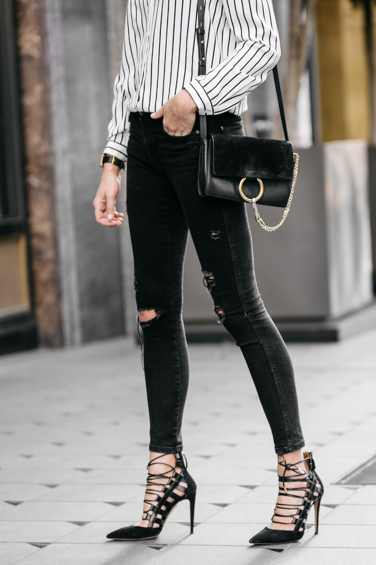 Fashion Jackson, Street Style, Off-the-Shoulder Striped Top, Black Ripped Skinny Jeans, Chloe Faye Handbag, Aquazzura Amazon Black Pumps