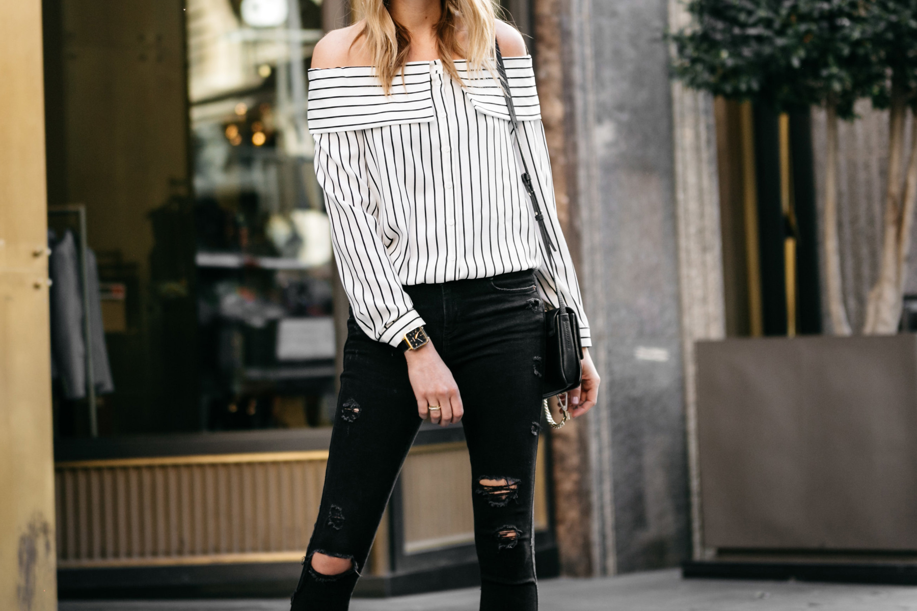 Fashion Jackson, Street Style, Off-the-Shoulder Striped Top, Black Ripped Skinny Jeans, Chloe Faye Handbag