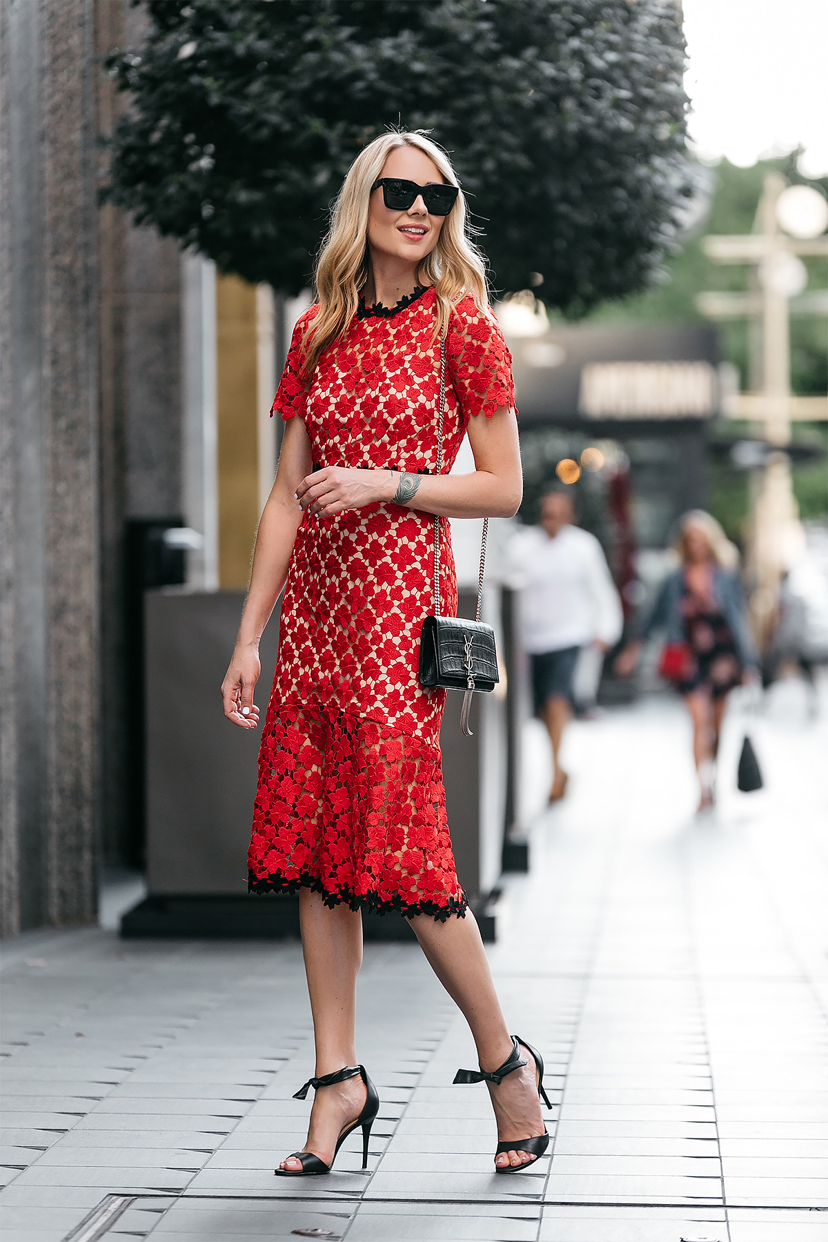 Fashion Jackson, Dallas Blogger, Fashion Blogger, Street Style, Jill Stuart Floral Red Lace Dress, Black Ankle Strap Bow Heels, Saint Laurent Monogram Handbag