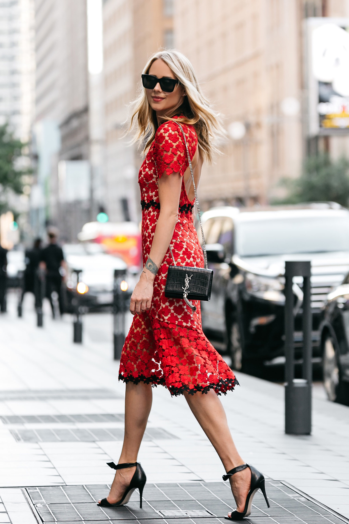 Fashion Jackson, Dallas Blogger, Fashion Blogger, Street Style, Jill Stuart Floral Red Lace Dress, Black Ankle Strap Bow Heels, Saint Laurent Monogram Handbag