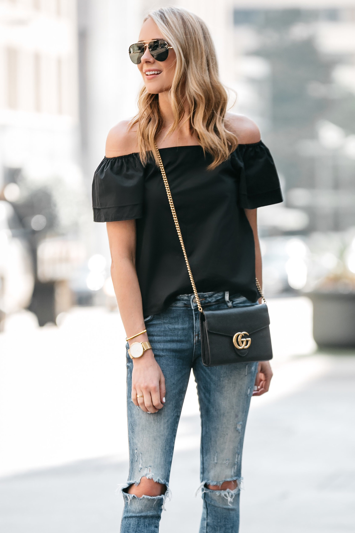 Fashion Jackson, Dallas Blogger, Fashion Blogger, Street Style, Black Short Sleeve Off-the-shoulder top, Zara Denim Ripped Skinny Jeans, Gucci Marmont Handbag