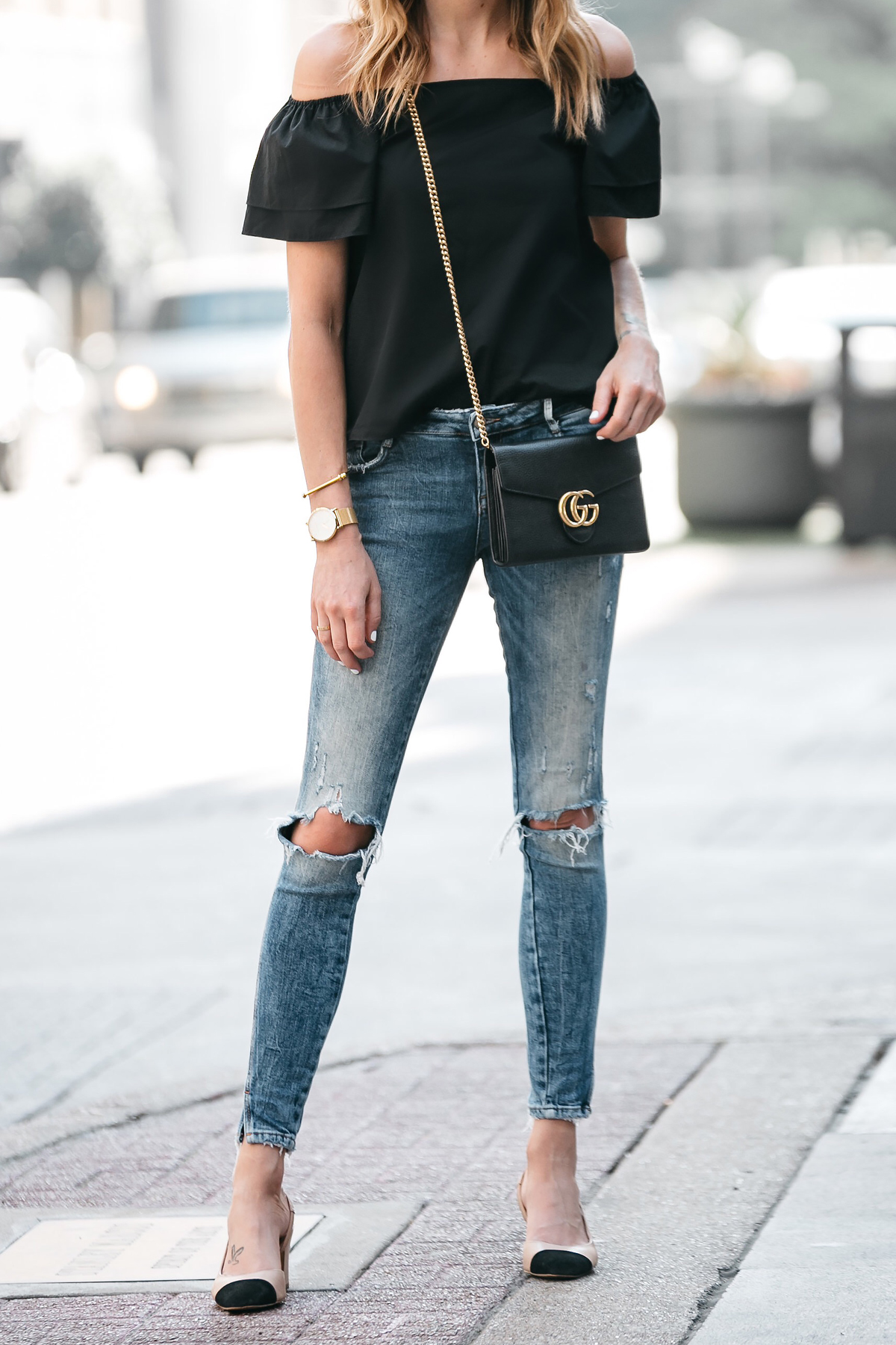 Fashion Jackson, Dallas Blogger, Fashion Blogger, Street Style, Black Short Sleeve Off-the-shoulder top, Zara Denim Ripped Skinny Jeans, Gucci Marmont Handbag, Similar Chanel Slingbacks