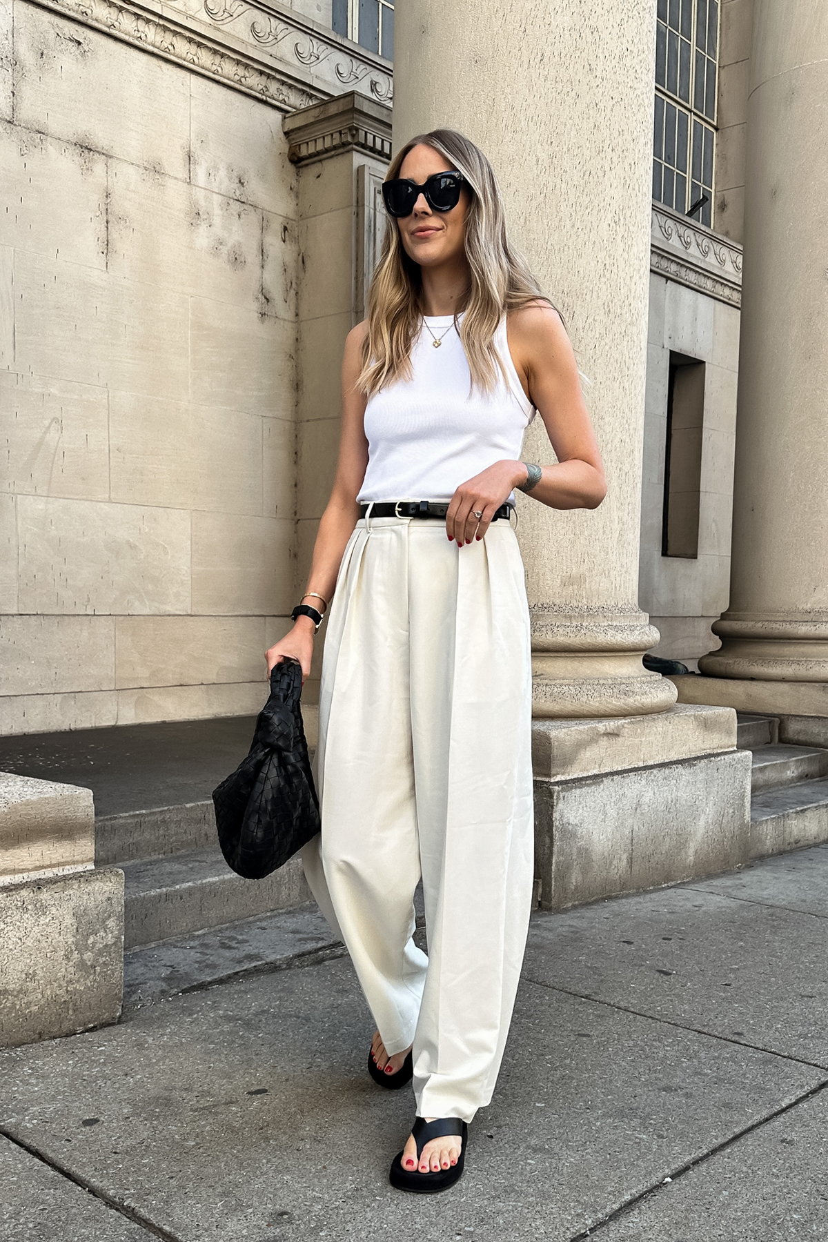 Fashion Jackson Wearing White Tank The Frankie Shop Corrin Ivory Wide Leg Pants The Row Ginza Black Sandals Bottega Veneta Jodie Teen Black Handbag Quiet Luxury Summer Outfit Street Style 1