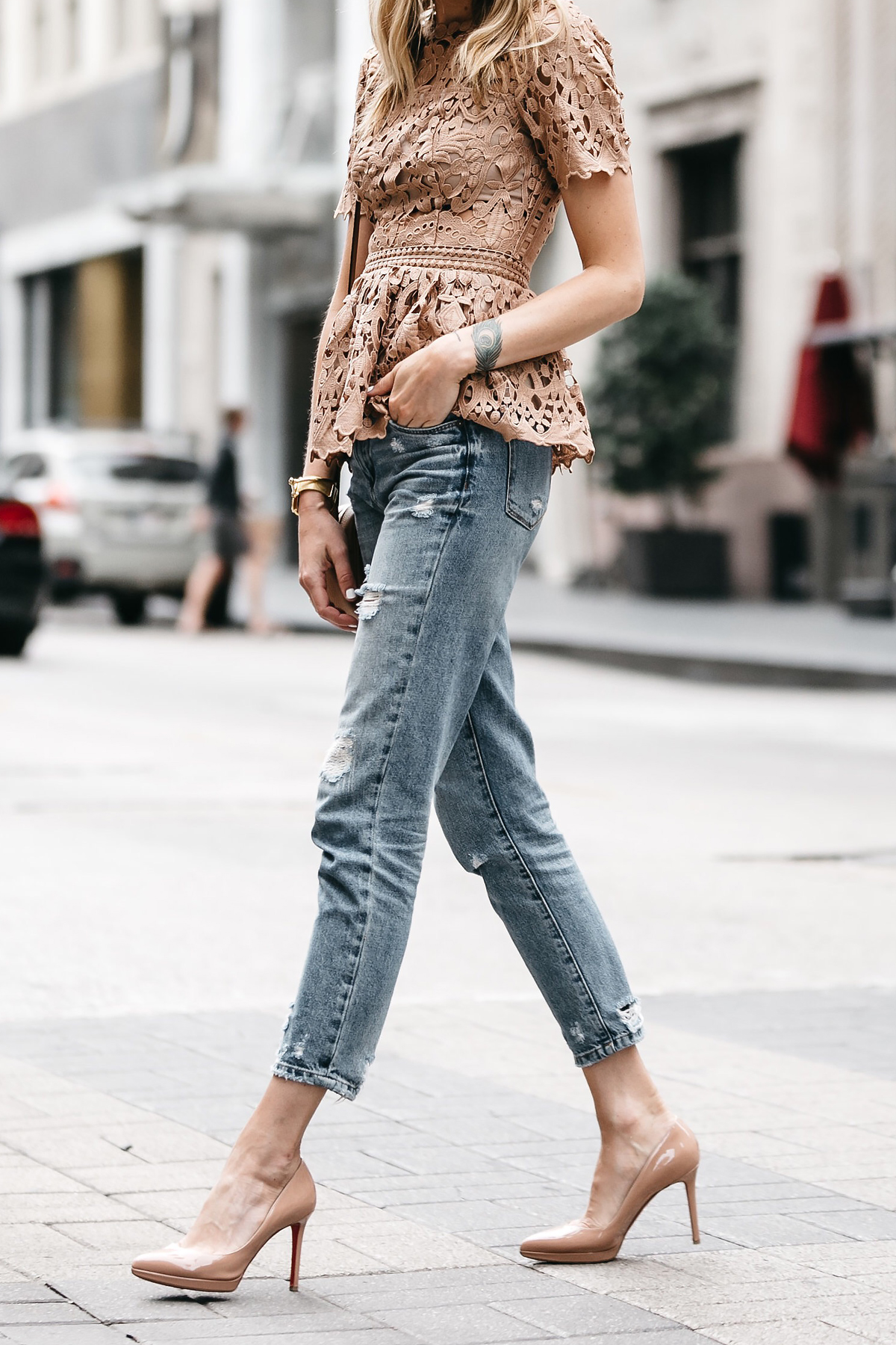 Fashion Jackson, Dallas Blogger, Fashion Blogger, Street Style, Ministry of Style Lush Lace Top, Blush Lace Peplum Top, Pink Lace Peplum Top, Beige Lace Peplum Top, Gucci Soho Disco Handbag, Denim Ripped Relaxed Jeans, Christian Louboutin Pigalle Nude Pumps