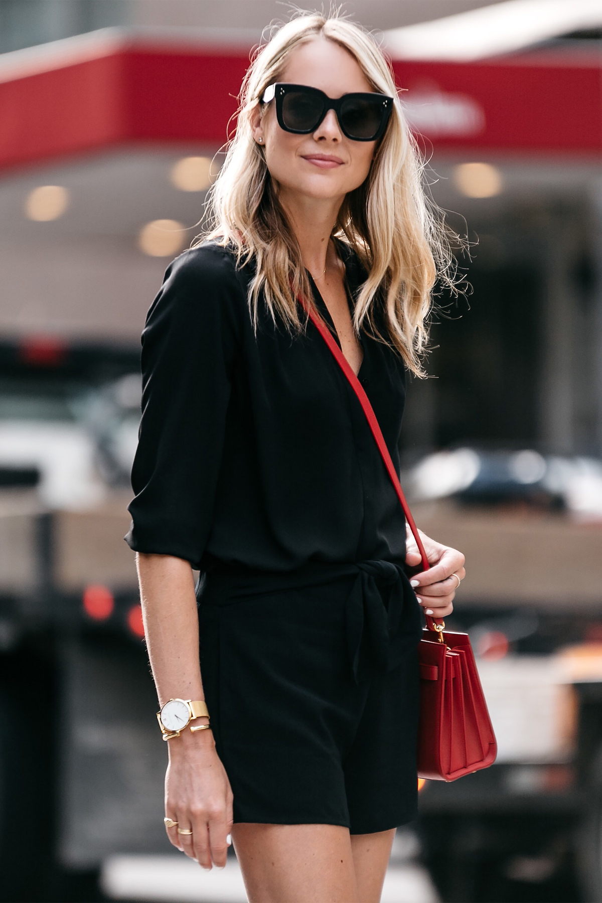 Blonde Woman Wearing Nordstrom Black Blouse Nordstrom Black Tie Front Shorts YSL Sac De Jour Nano Red Street Style Outfit Dallas Blogger Fashion Blogger