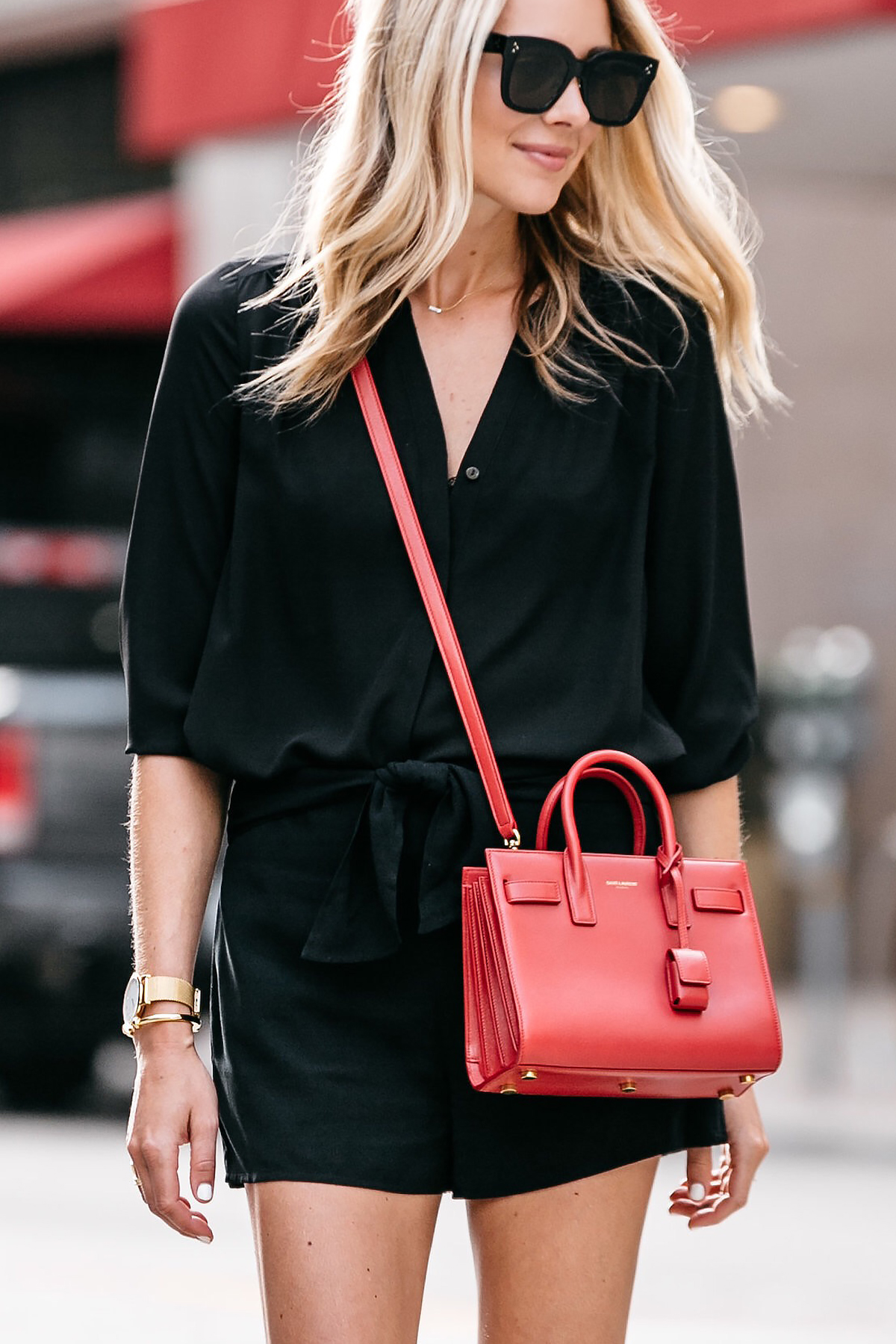 Blonde Woman Wearing Nordstrom Black Blouse Nordstrom Black Tie Front Shorts YSL Sac De Jour Nano Red Street Style Outfit Dallas Blogger Fashion Blogger