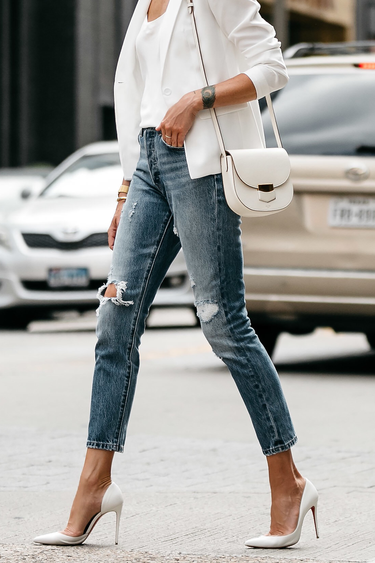 White Blazer Distressed Jeans Outfit