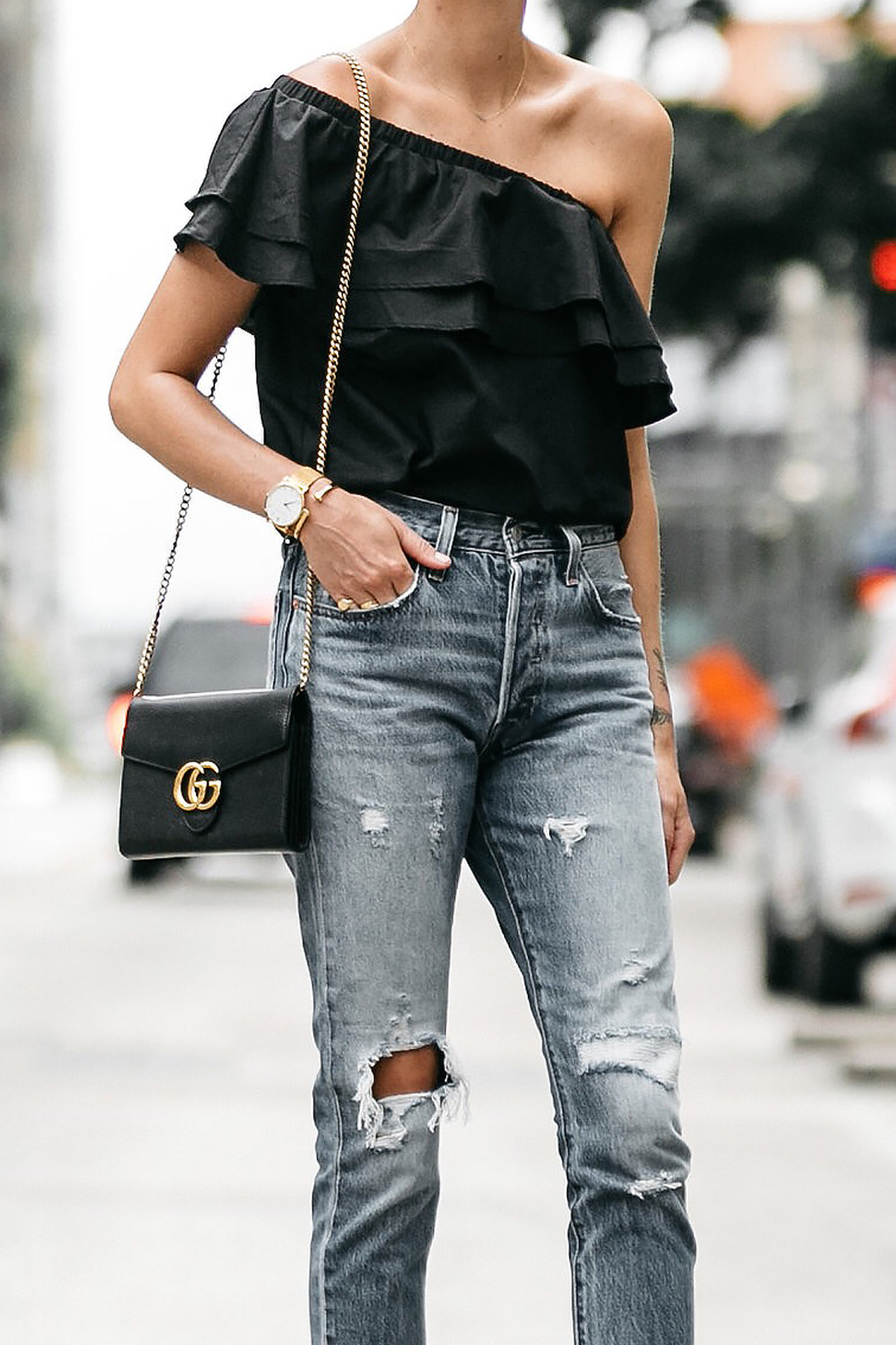 Spring Outfit, Black Ruffle Sleeve Top, Gucci Marmont Handbag, Mom Jeans,  Chloe Scallop Pumps