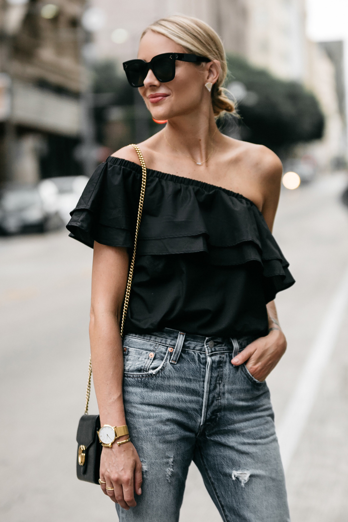 one shoulder black ruffle top