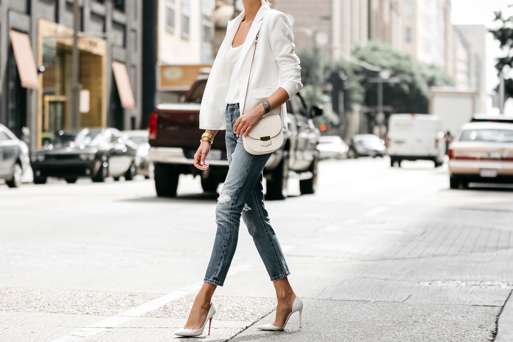 White Blazer Distressed Jeans Outfit