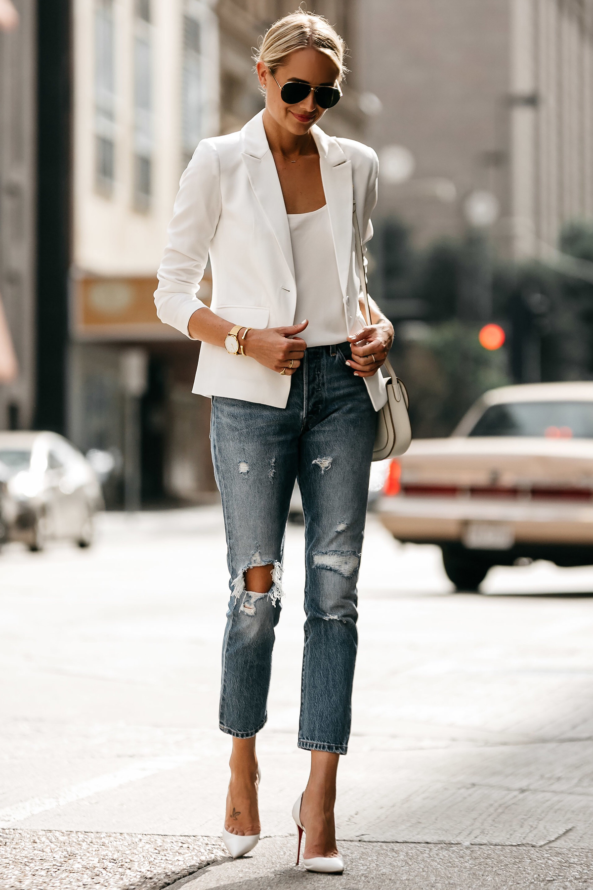 Fashion Jackson Blonde Woman Wearing White Blazer Distressed Jeans Outfit