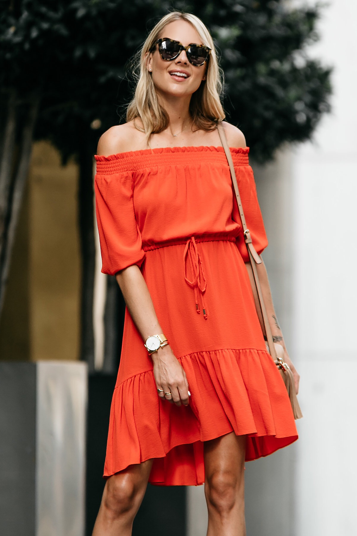 Blonde Woman Wearing Vince Camuto Red off-the-shoulder Dress