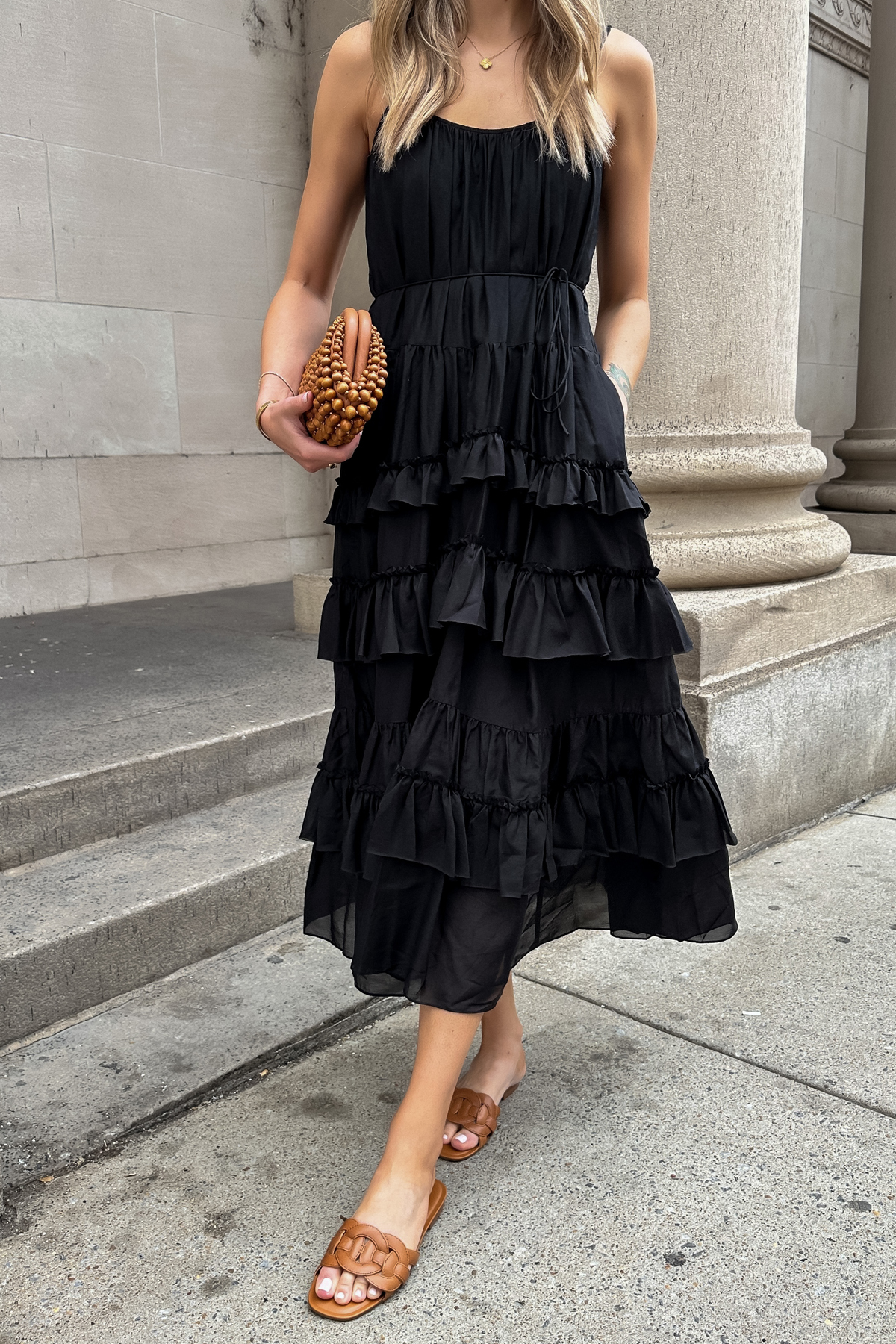 Fashion Jackson Wearing Black Cinq a Sept Ruffle Tiered Cotton & Silk Blend Dress Tan Sandals black summer maxi dress Brown Wood Bead Clutch