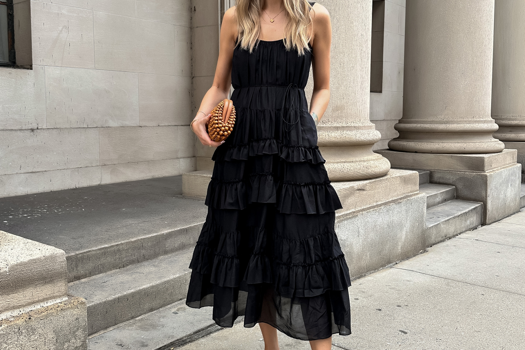 Fashion Jackson Wearing Black Cinq a Sept Ruffle Tiered Cotton & Silk Blend Dress black summer maxi dress Brown Wood Bead Clutch