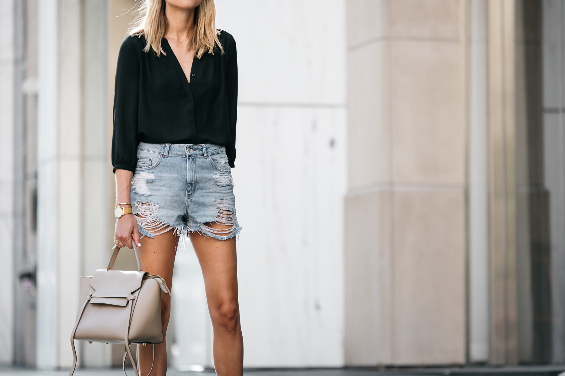 Nodstrom Black Long Sleeve Button Down Blouse Topshop Denim Ripped Mom Shorts Outfit Celine Belt Bag Fashion Jackson Dallas Blogger Fashion Blogger Street Style