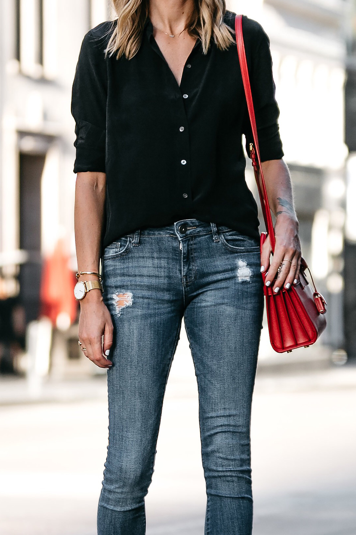 black button up and jeans