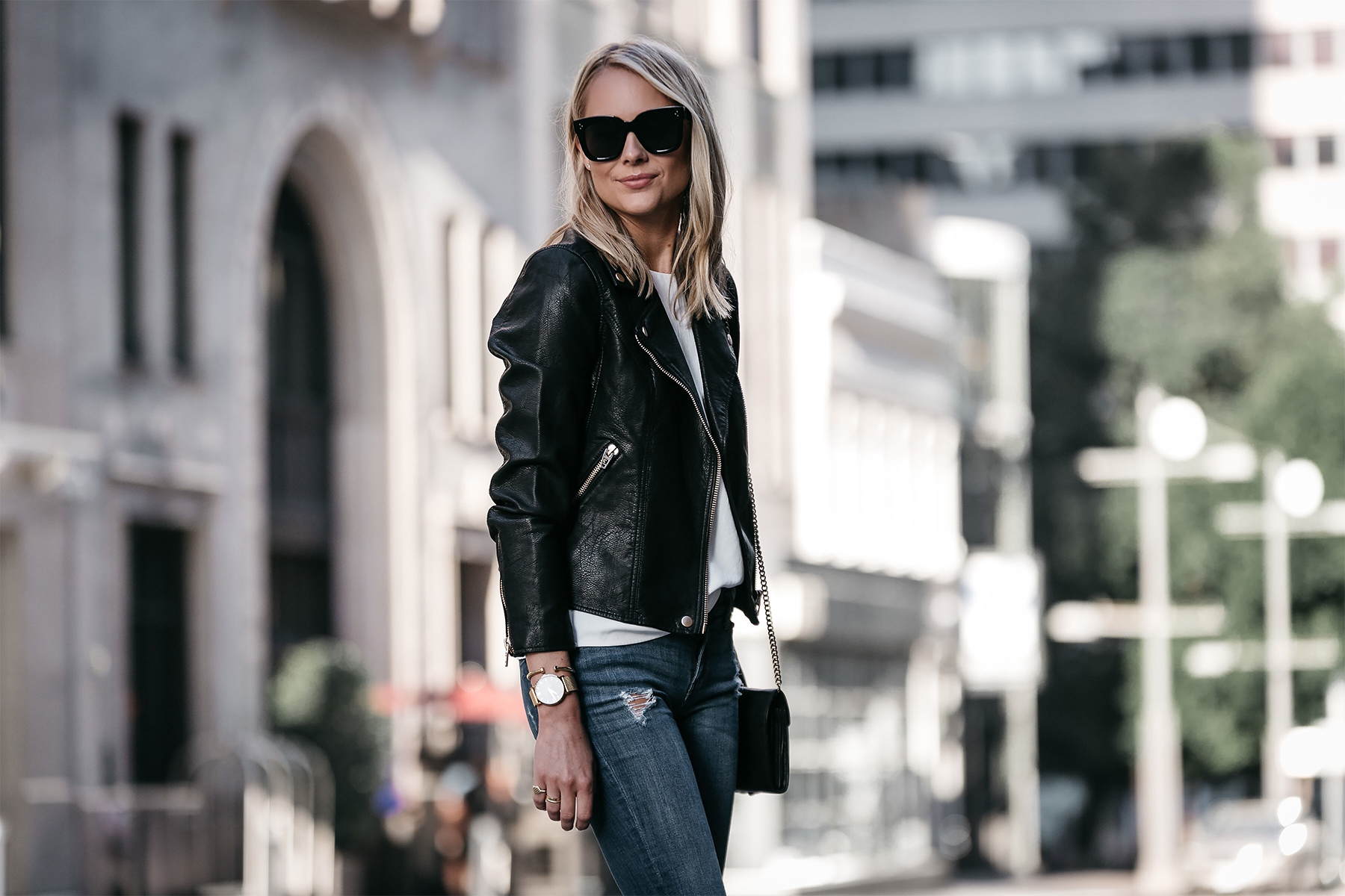 Blonde Woman Wearing Nordstrom Anniversary Sale Black Leather Moto Jacket Denim Skinny Jeans Fashion Jackson Dallas Blogger Fashion Blogger