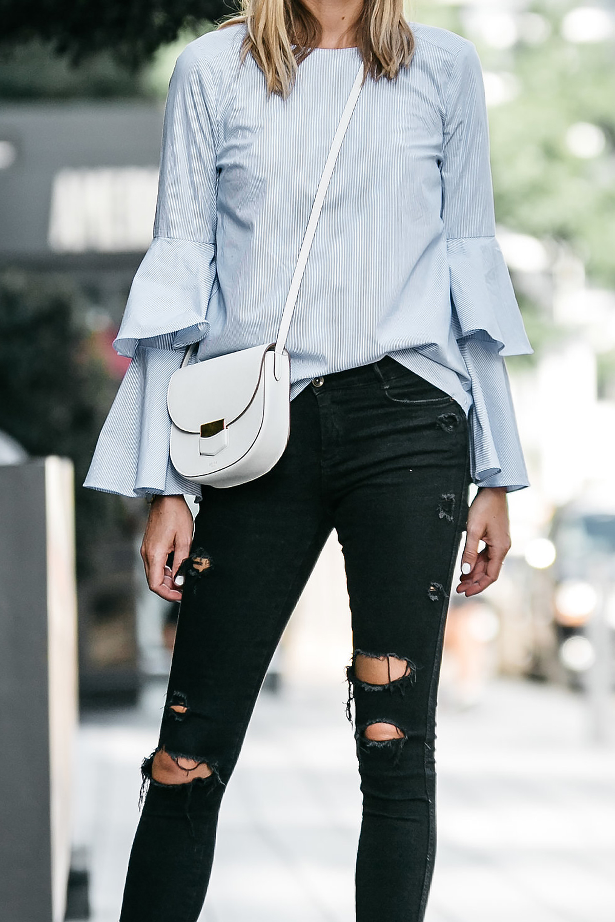 Nordstrom Blue Bell Sleeve Top Black Ripped Skinny Jeans Outfit Celine Trotteur White Crossbody Fashion Jackson Dallas Blogger Fashion Blogger Street Style
