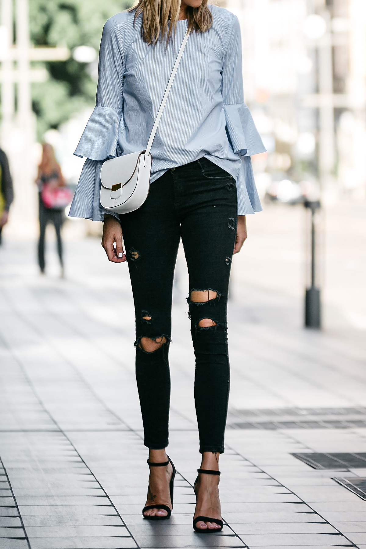 Nordstrom Blue Bell Sleeve Top Black Ripped Skinny Jeans Outfit Celine Trotteur White Crossbody Fashion Jackson Dallas Blogger Fashion Blogger Street Style