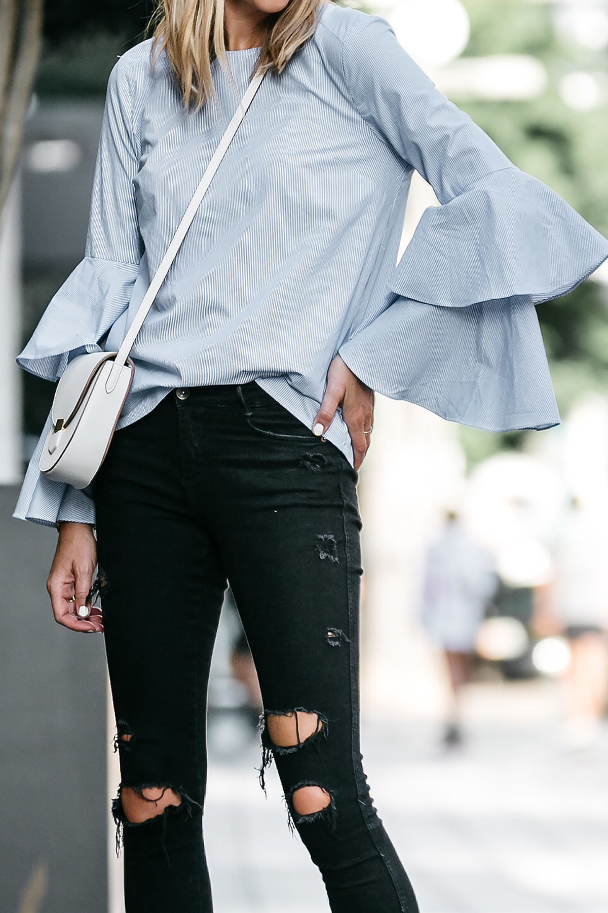 Nordstrom Blue Bell Sleeve Top Black Ripped Skinny Jeans Outfit Fashion Jackson Dallas Blogger Fashion Blogger Street Style