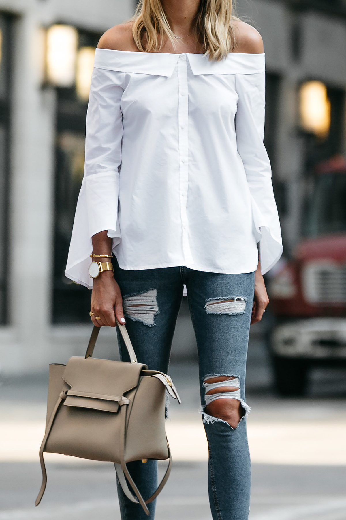 Nordstrom Anniversary Sale White Bell-Sleeve off-the-shoulder Top Topshop Denim Ripped Skinny Jeans Outfit Celine Belt Bag Fashion Jackson Dallas Blogger Fashion Blogger Street Style