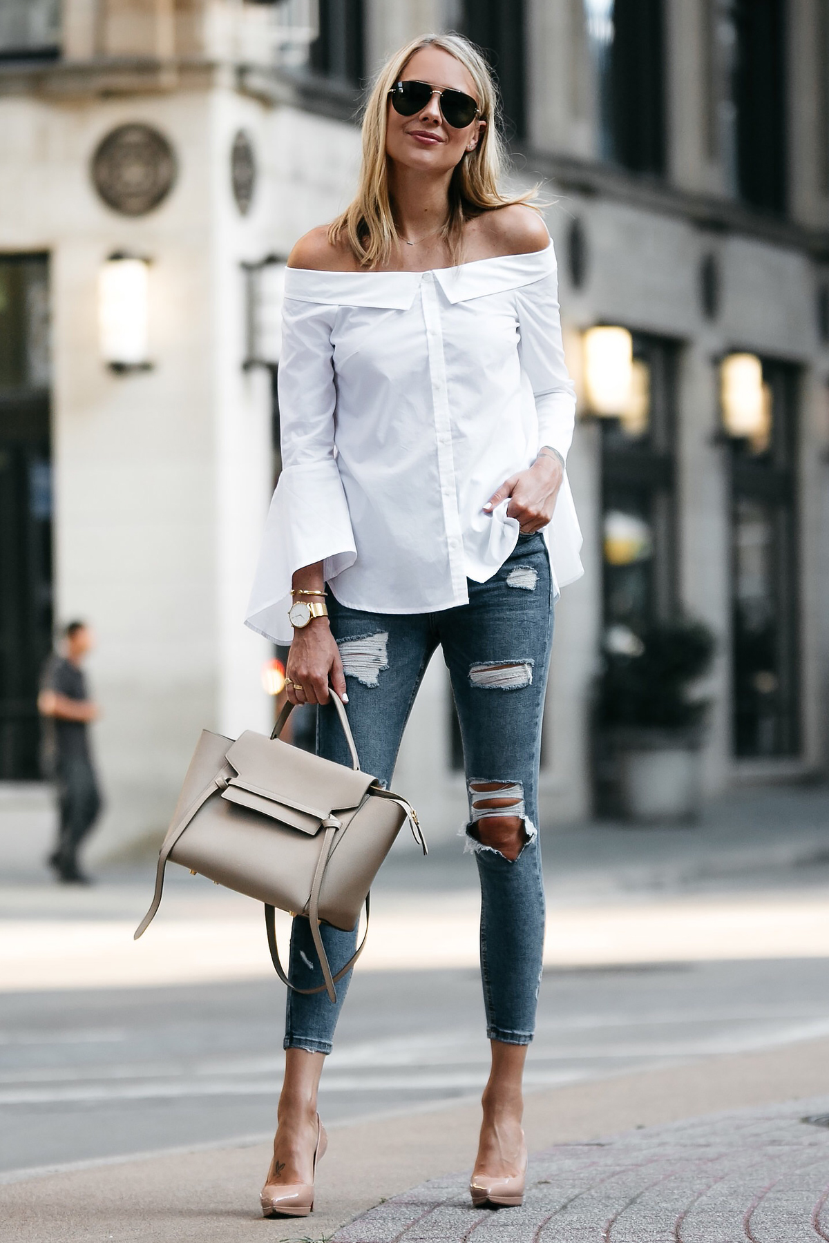 off shoulder white top outfit