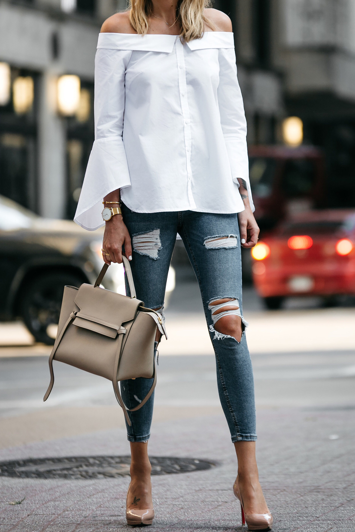 Nordstrom Anniversary Sale White Bell-Sleeve off-the-shoulder Top Topshop Denim Ripped Skinny Jeans Outfit Christian Louboutin Nude Pumps Celine Belt Bag Fashion Jackson Dallas Blogger Fashion Blogger Street Style