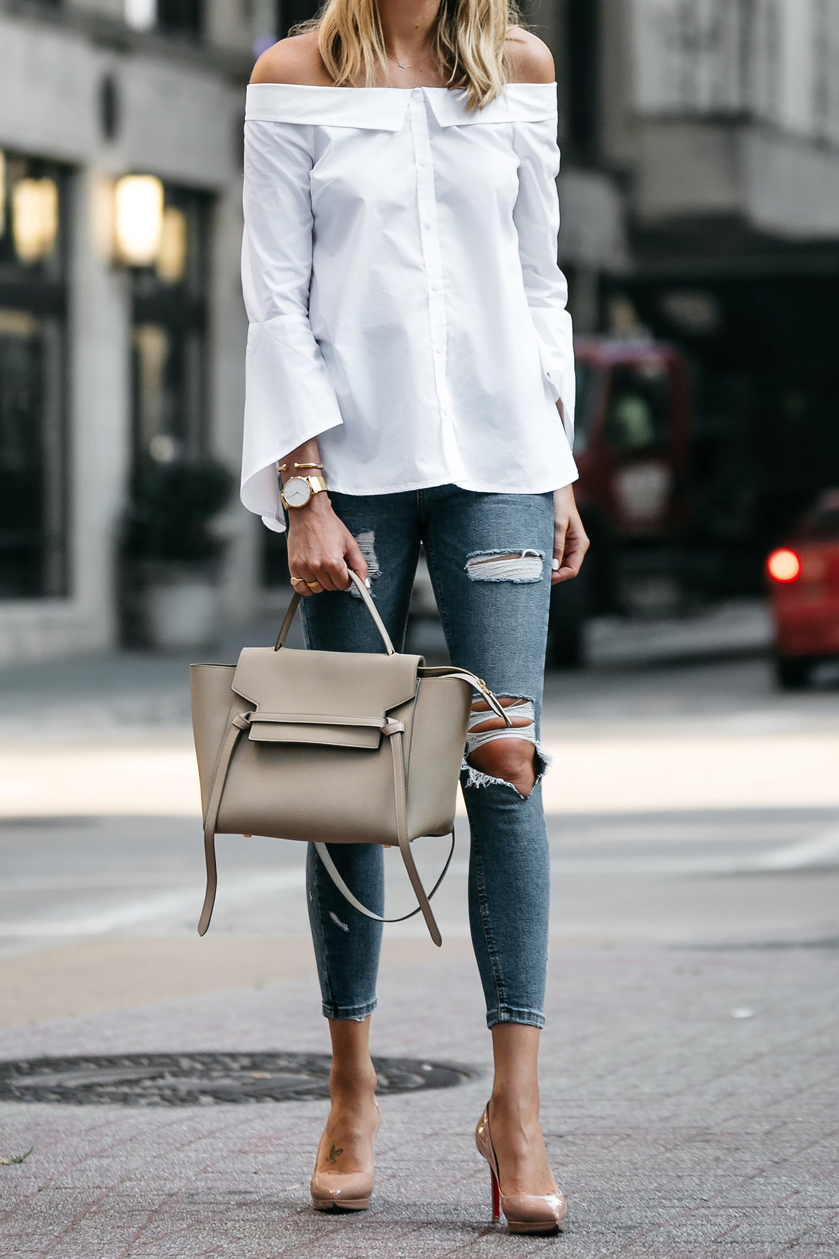 White off the shoulder top with bell outlet sleeves