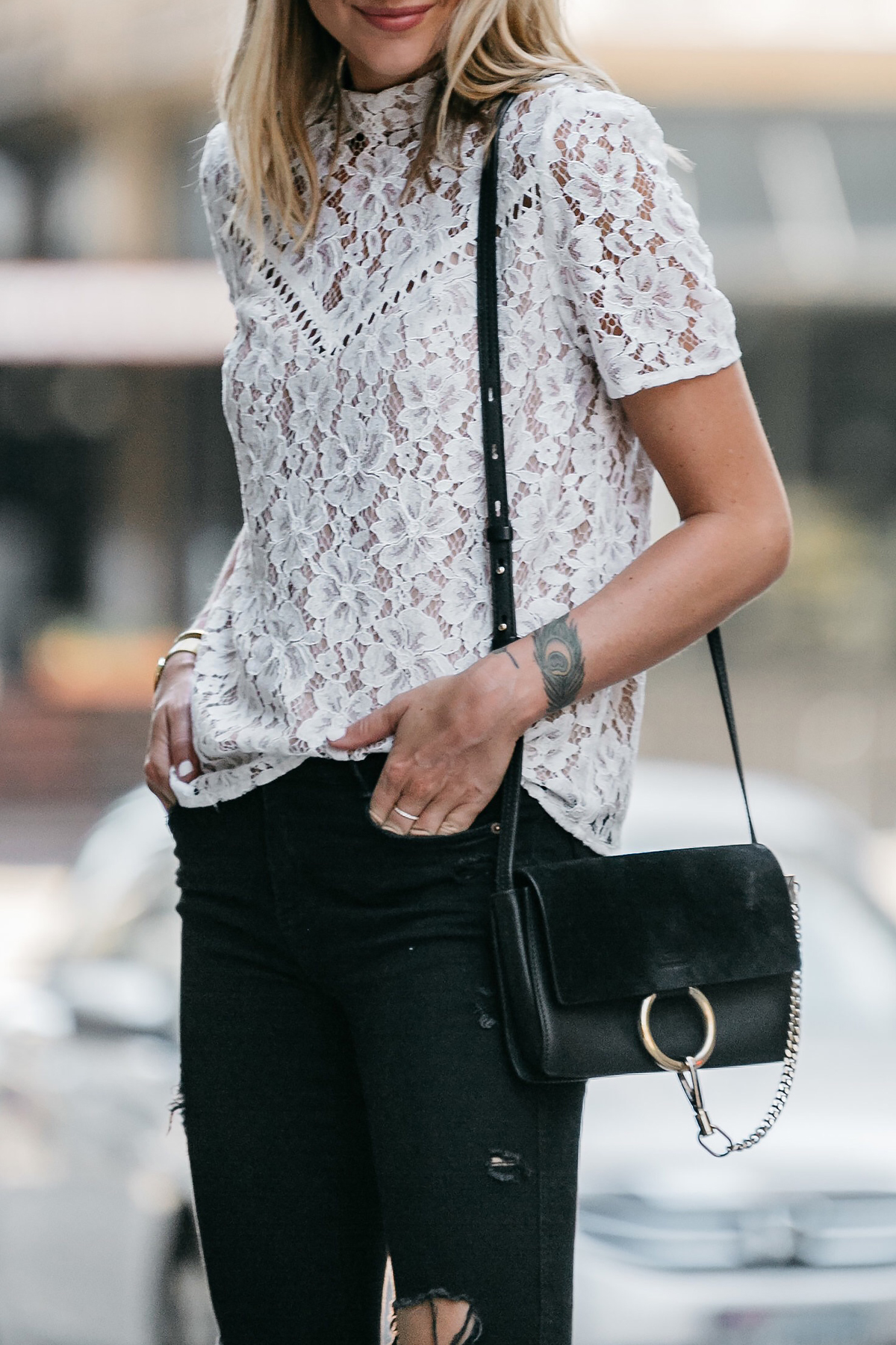 white lace shirt outfit