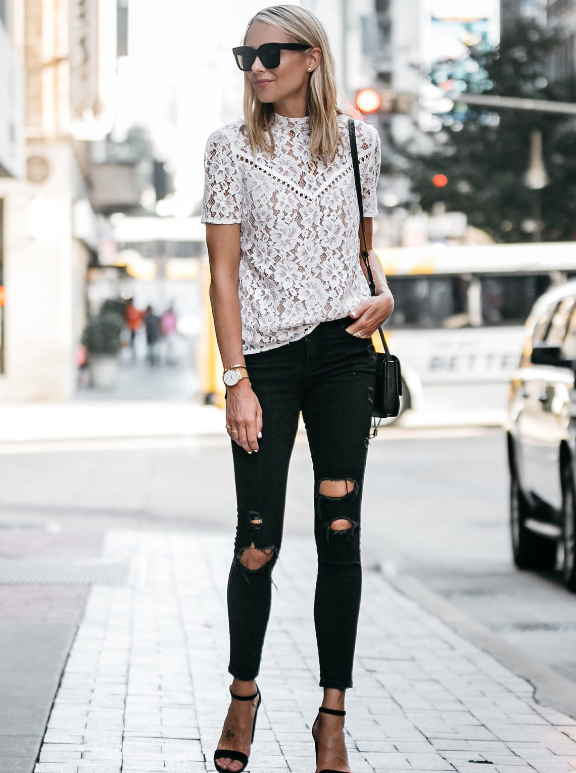 Blonde Woman Wearing Nordstrom Anniversary Sale White Lace Top Zara Black Ripped Skinny Jeans Outfit Black Ankle Strap Heeled Sandals Chloe Faye Handbag Fashion Jackson Dallas Blogger Fashion Blogger