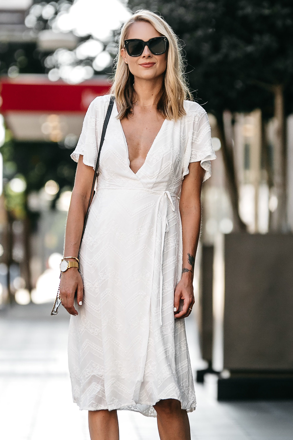 Blonde Woman Wearing Nordstrom Embroidered White Wrap Dress Fashion Jackson Dallas Blogger Fashion Blogger