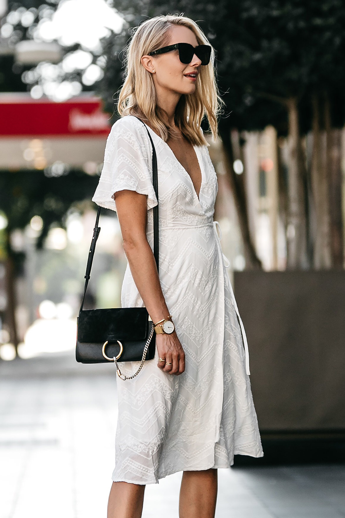 Blonde Woman Wearing Nordstrom Embroidered White Wrap Dress Chloe Faye Handbag Fashion Jackson Dallas Blogger Fashion Blogger