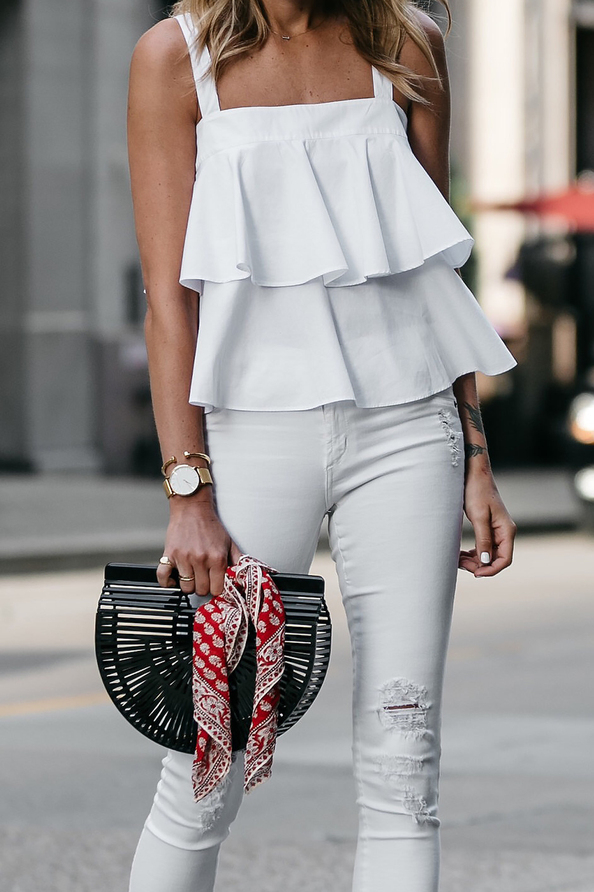 Nordstrom White Ruffle Tank White Ripped Skinny Jeans Outfit Cult Gaia Black Acrylic Clutch Red Bandana Fashion Jackson Dallas Blogger Fashion Blogger Street Style