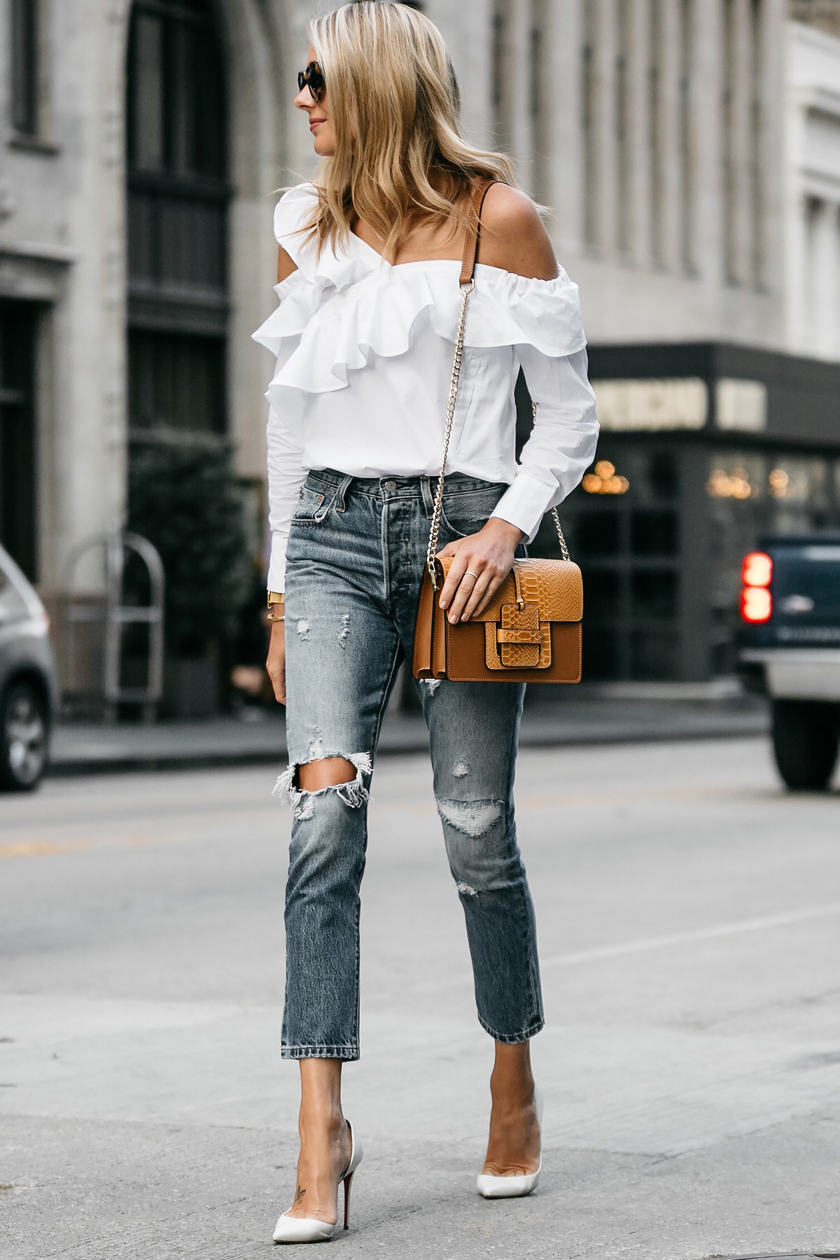Blonde Woman Wearing Shopbop White Asymmetrical Ruffle Top Levis Denim Ripped Skinny Jeans Christian Louboutin White Pumps Street Style Dallas Blogger Fashion Blogger