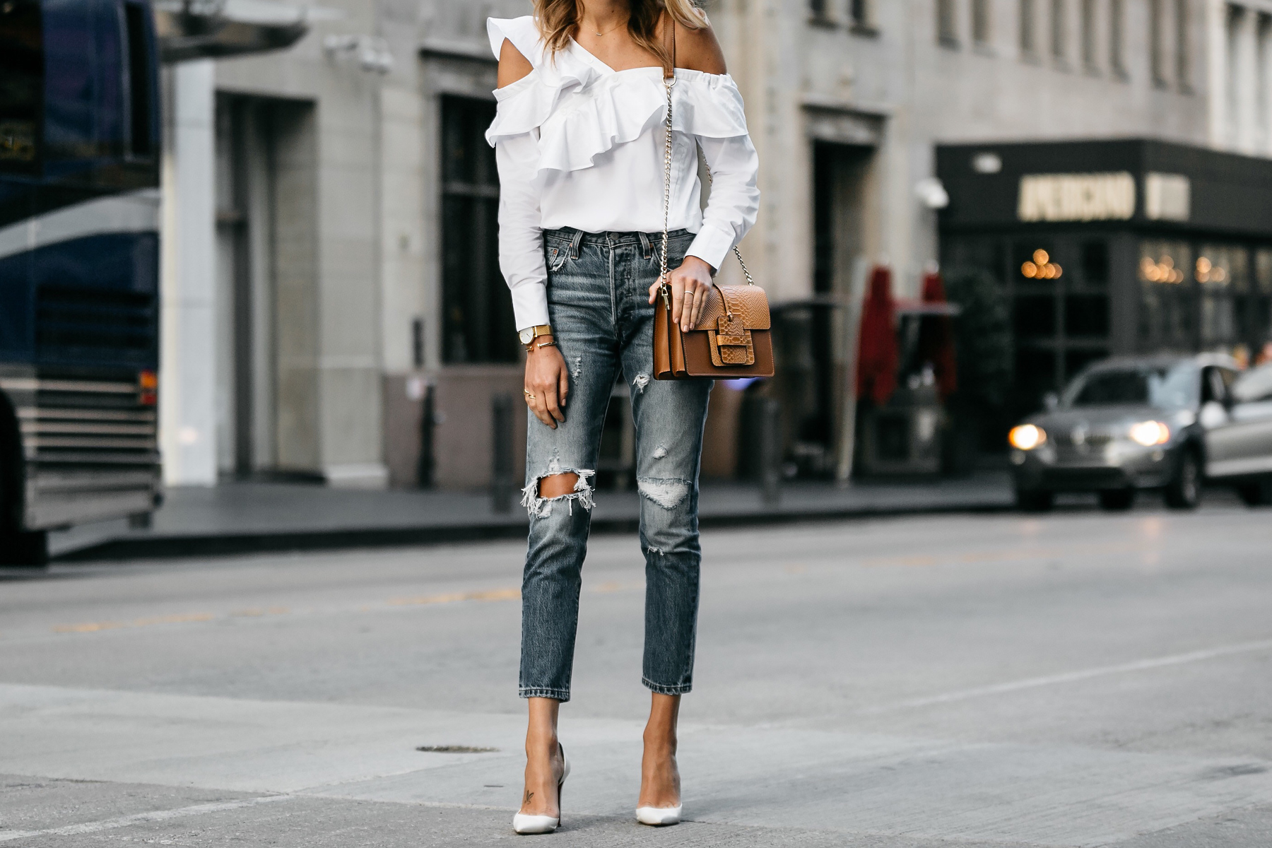 Shopbop White Asymmetrical Ruffle Top Levis Denim Ripped Skinny Jeans Christian Louboutin White Pumps Street Style Dallas Blogger Fashion Blogger