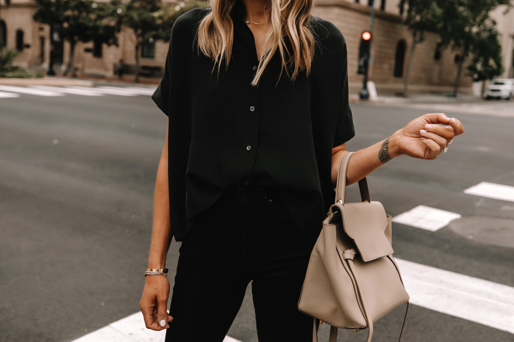 Fashion Jackson Wearing Everlane Black Button Down Top Black Jeans Celine Taupe Mini Belt Bag