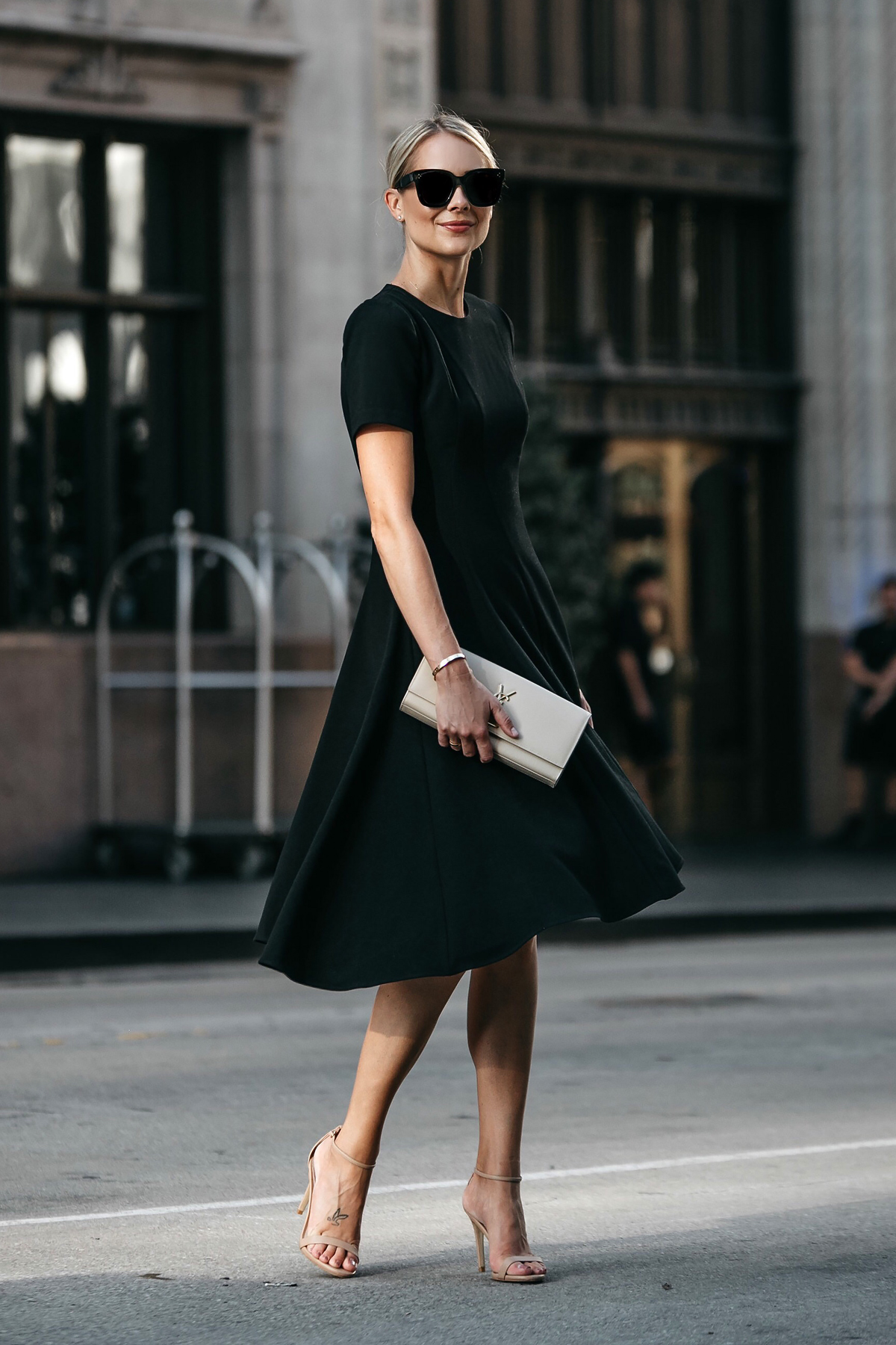 black dress with black pumps