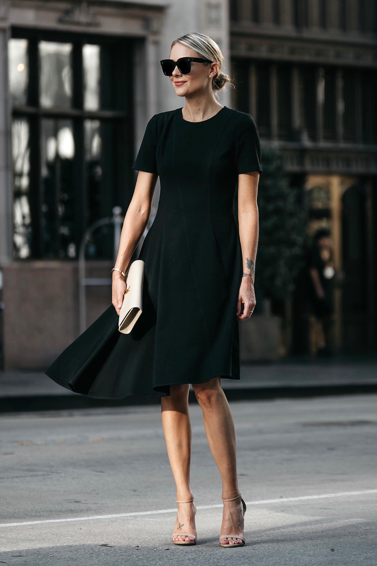 Blonde Woman Wearing Black Halo Asymmetrical Little Black Dress Fashion Jackson Dallas Blogger Fashion Blogger Street Style