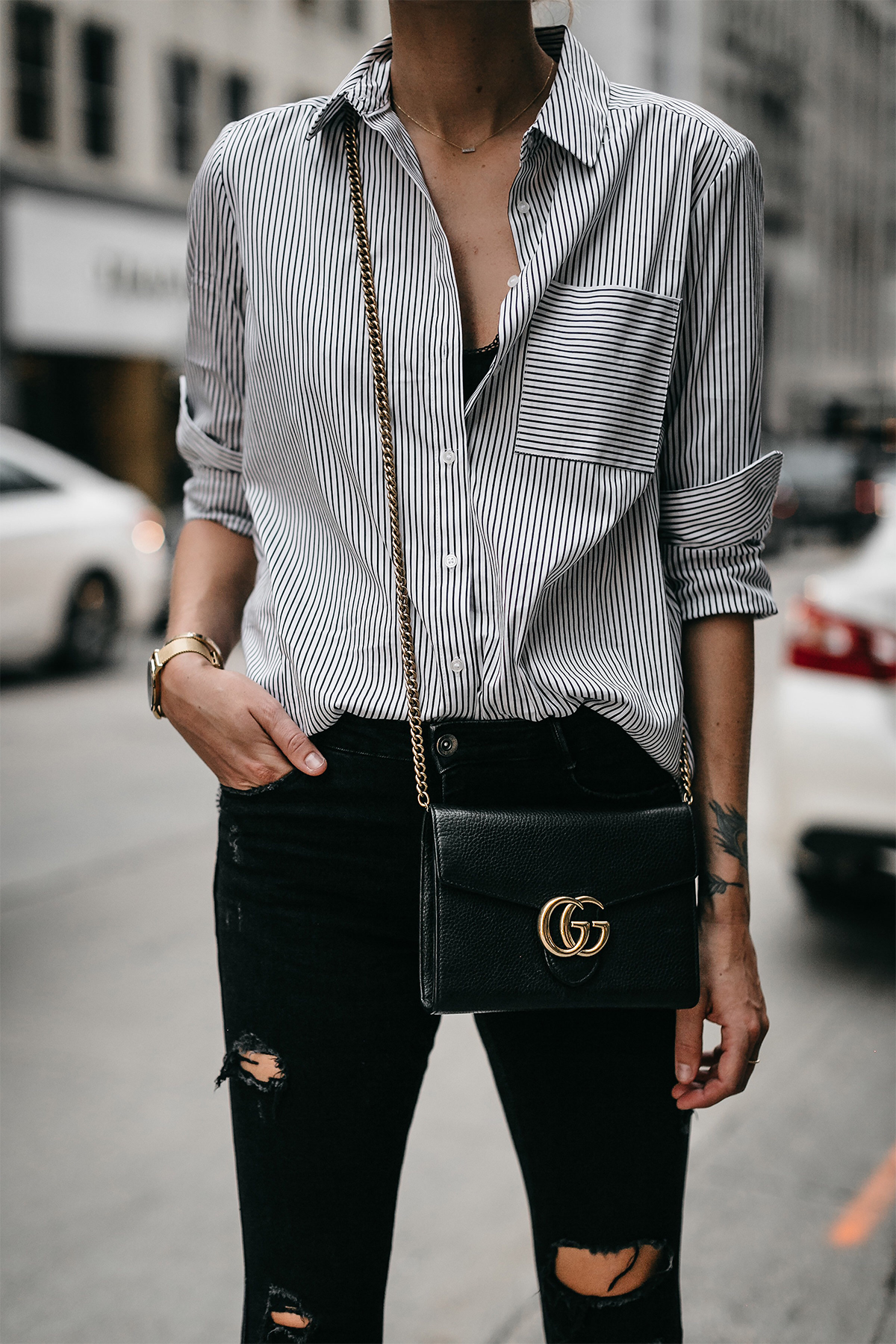 black and white striped shirt with jeans