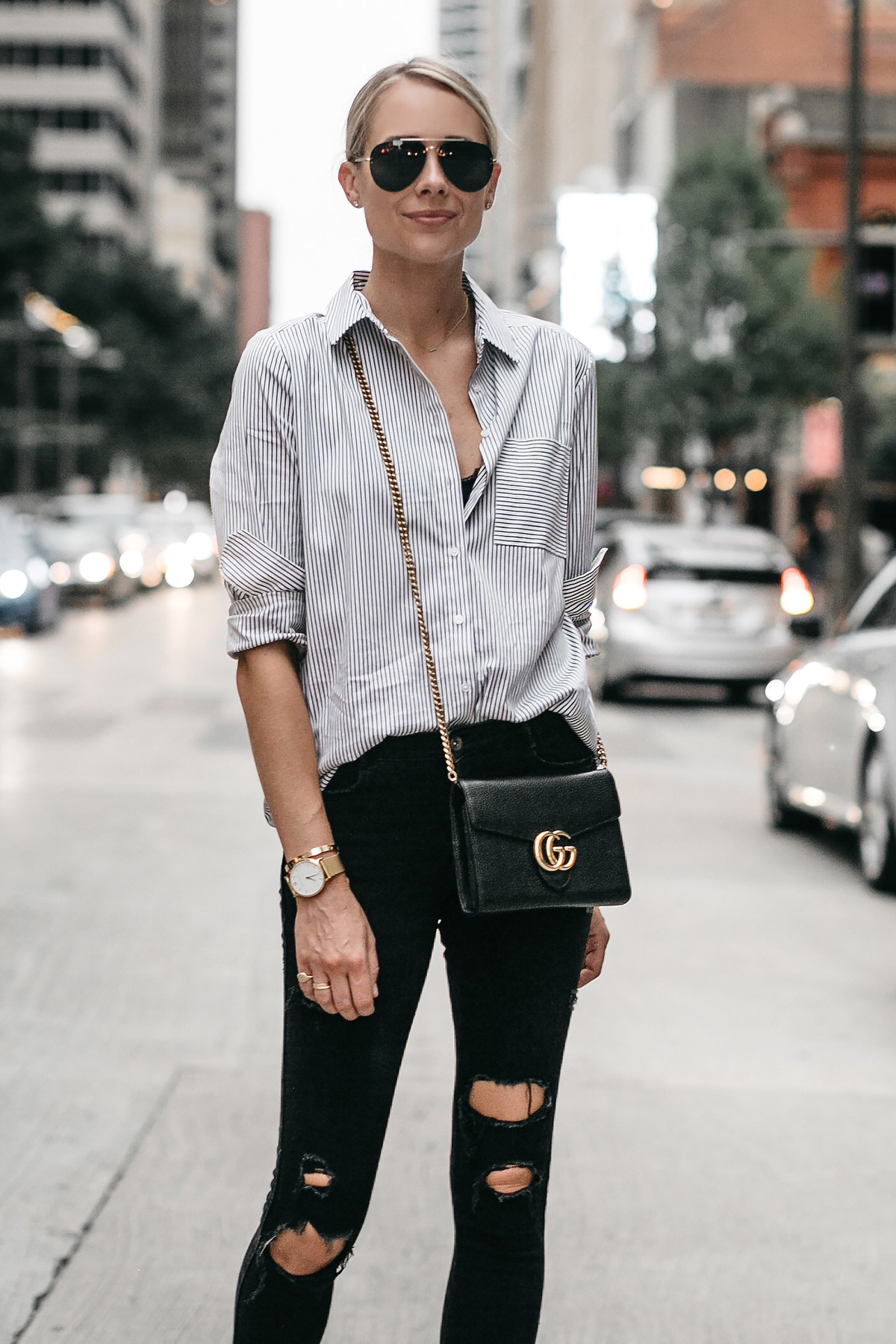 Black and white shop striped button down shirt