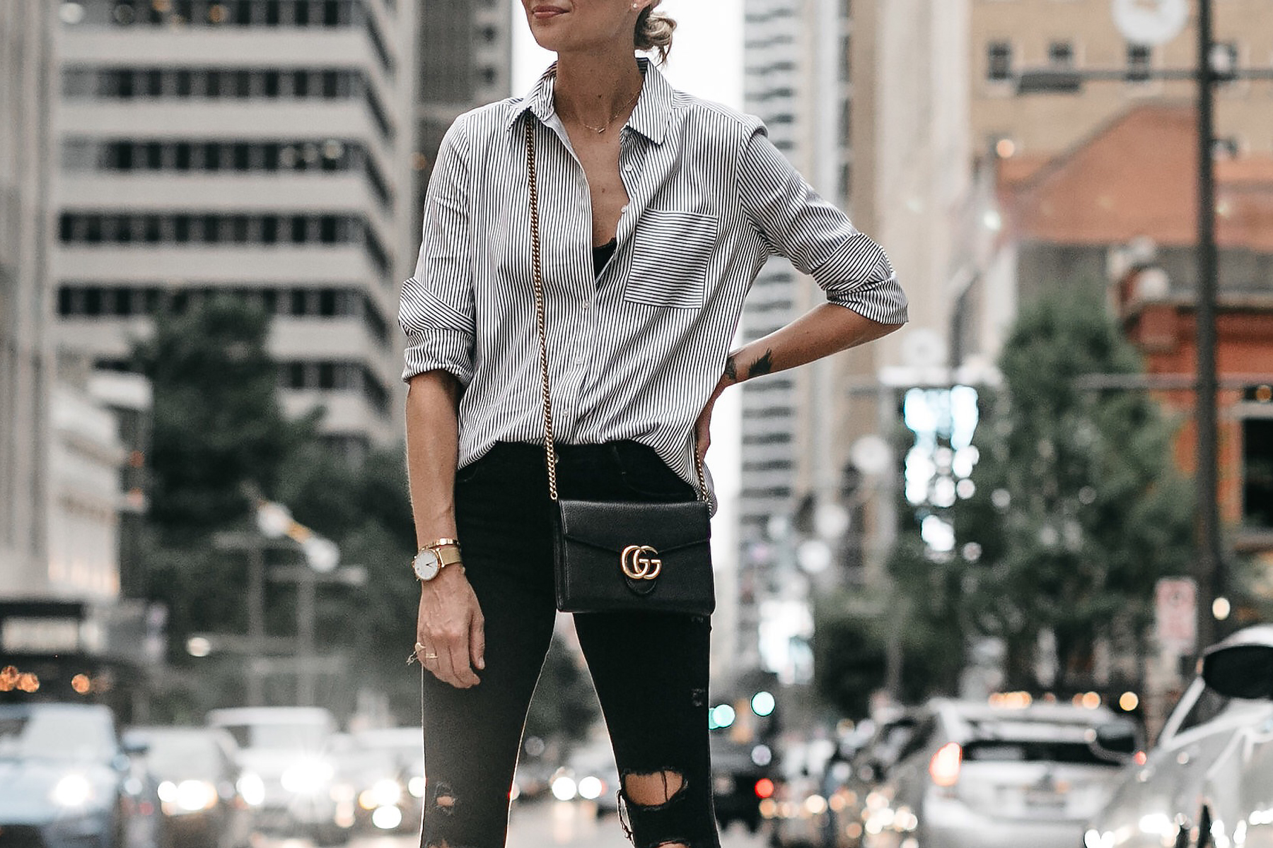 Black White Striped Button Down Shirt Gucci Handbag Fashion Jackson Dallas Blogger Fashion Blogger Street Style
