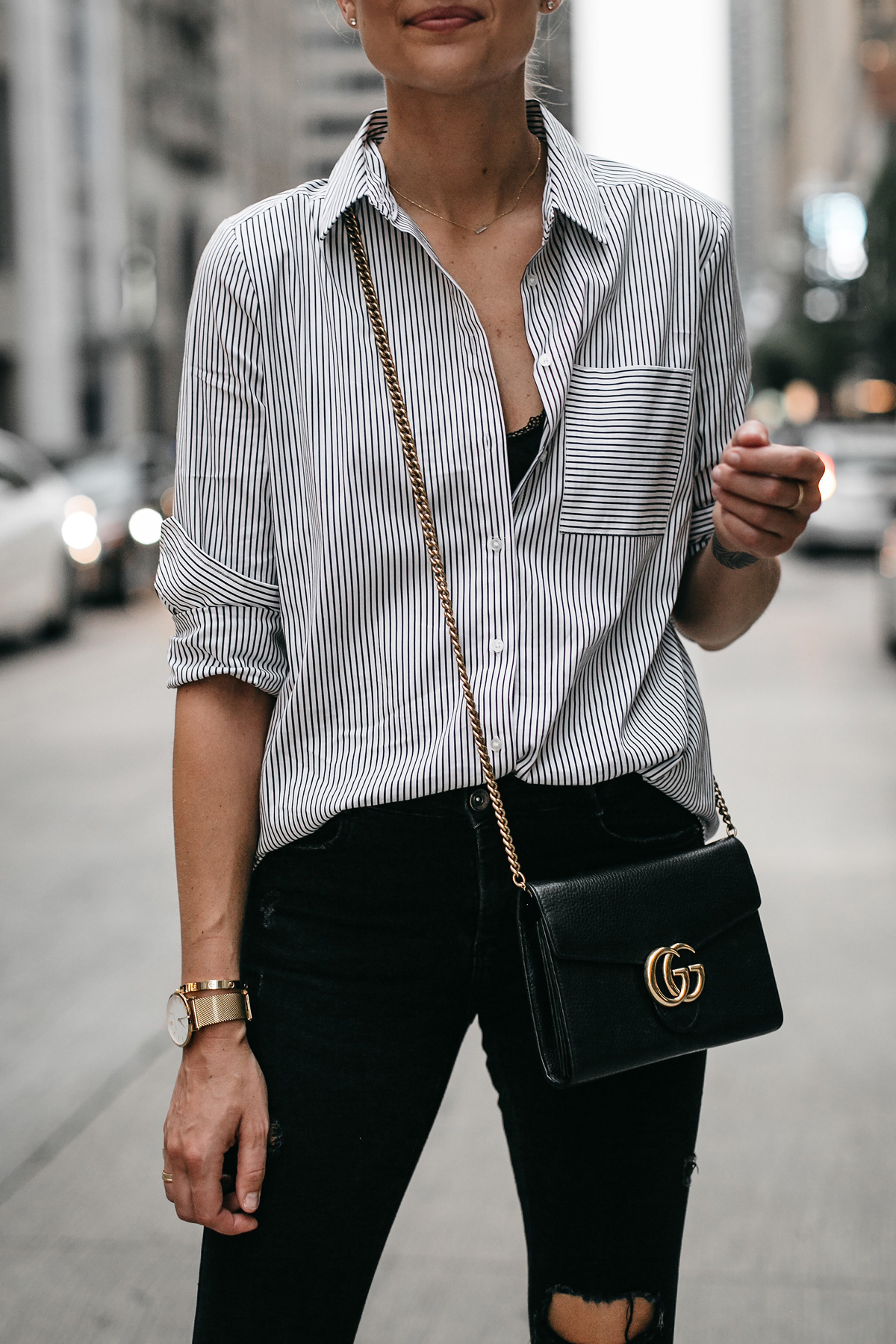 Black White Striped Button Down Shirt Gucci Handbag Fashion Jackson Dallas Blogger Fashion Blogger