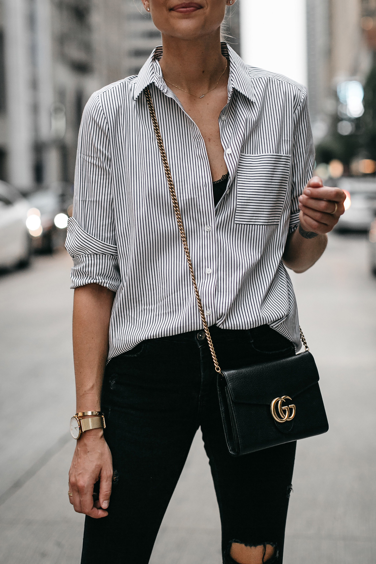 Striped button down store shirt outfit