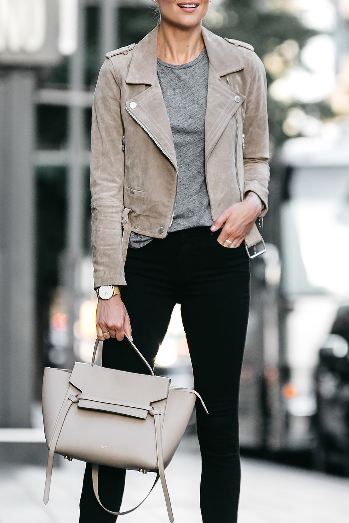 Blanknyc Tan Suede Moto Jacket Grey Tshirt Black Skinny Jeans Outfit Celine Belt Bag Fashion Jackson Dallas Blogger Fashion Blogger Street Style