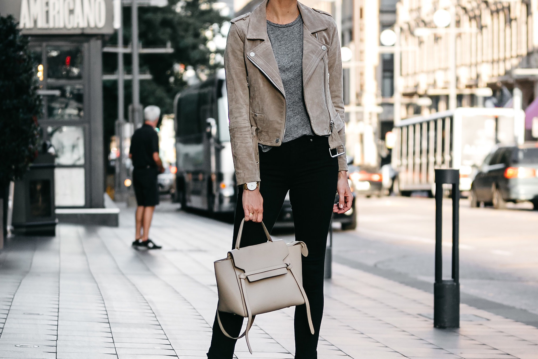 Blanknyc Tan Suede Moto Jacket Grey Tshirt Black Skinny Jeans Outfit Celine Belt Bag Fashion Jackson Dallas Blogger Fashion Blogger Street Style