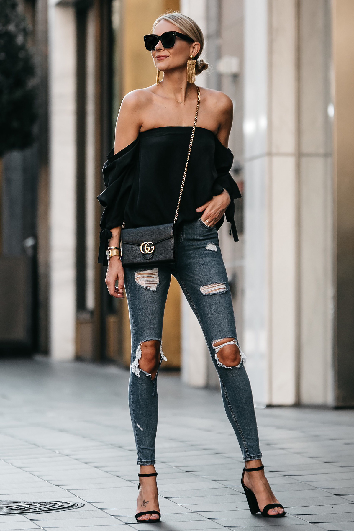 Off shoulder tops with jeans store and heels