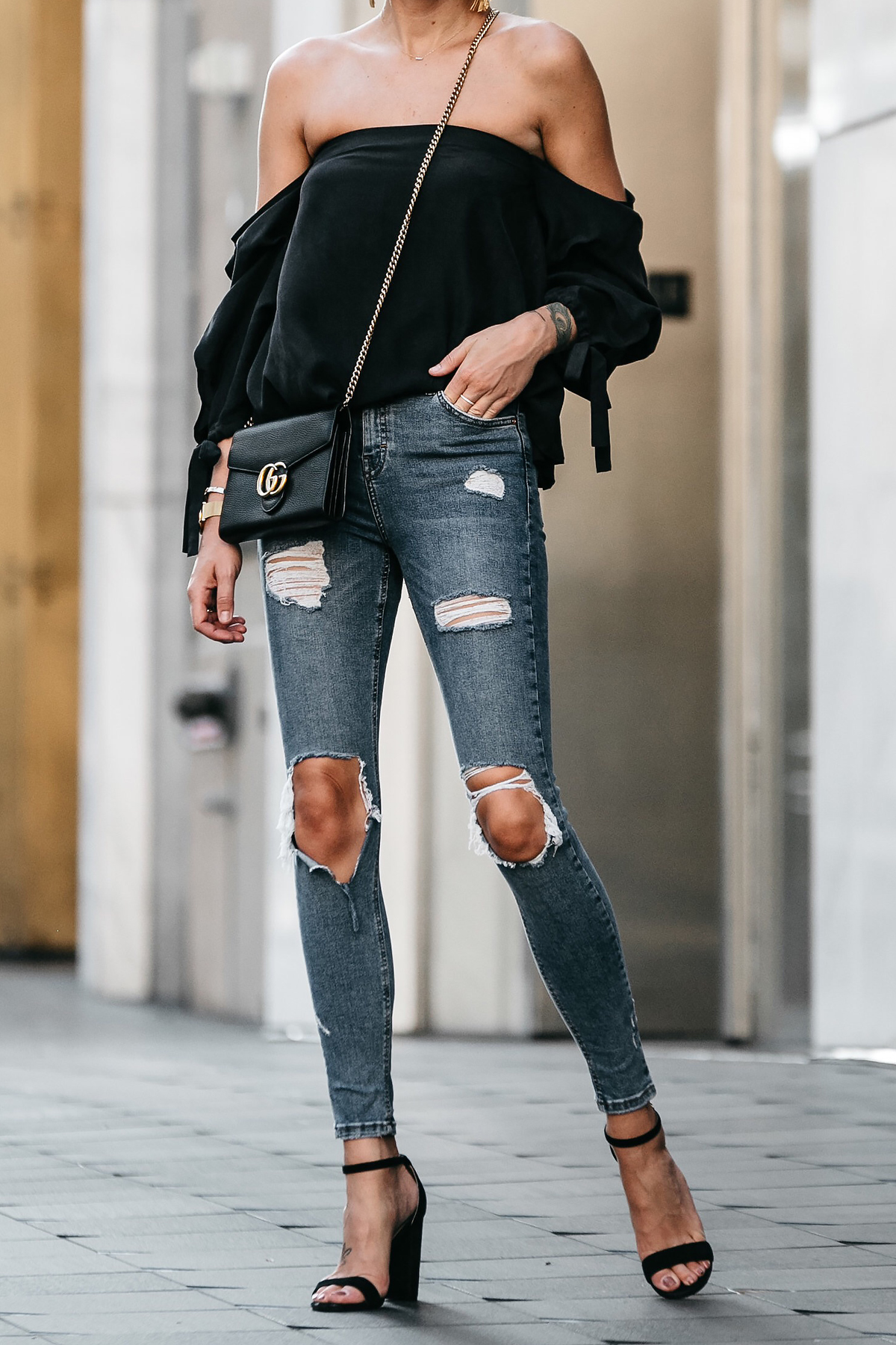 black off the shoulder top outfit