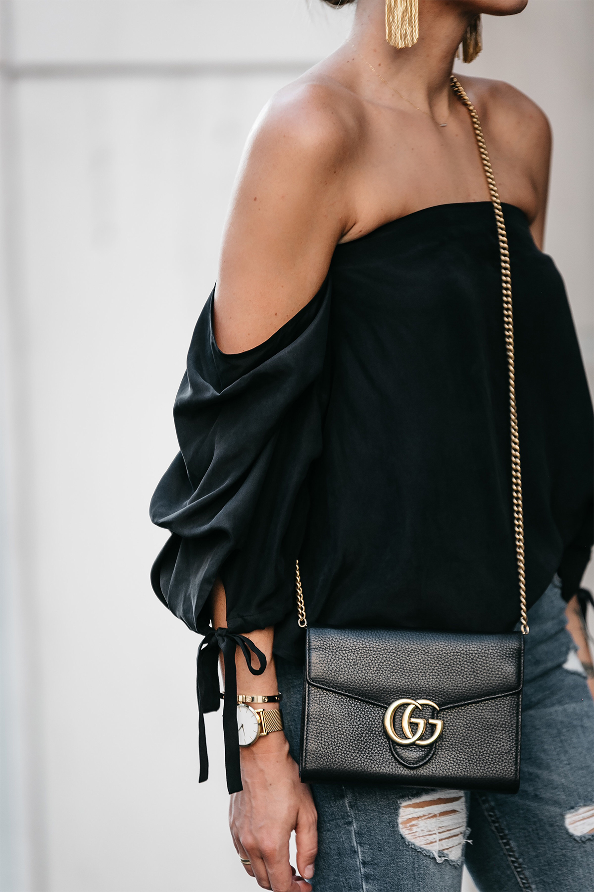Club Monaco Black Off-the-Shoulder Top Gucci Marmont Handbag