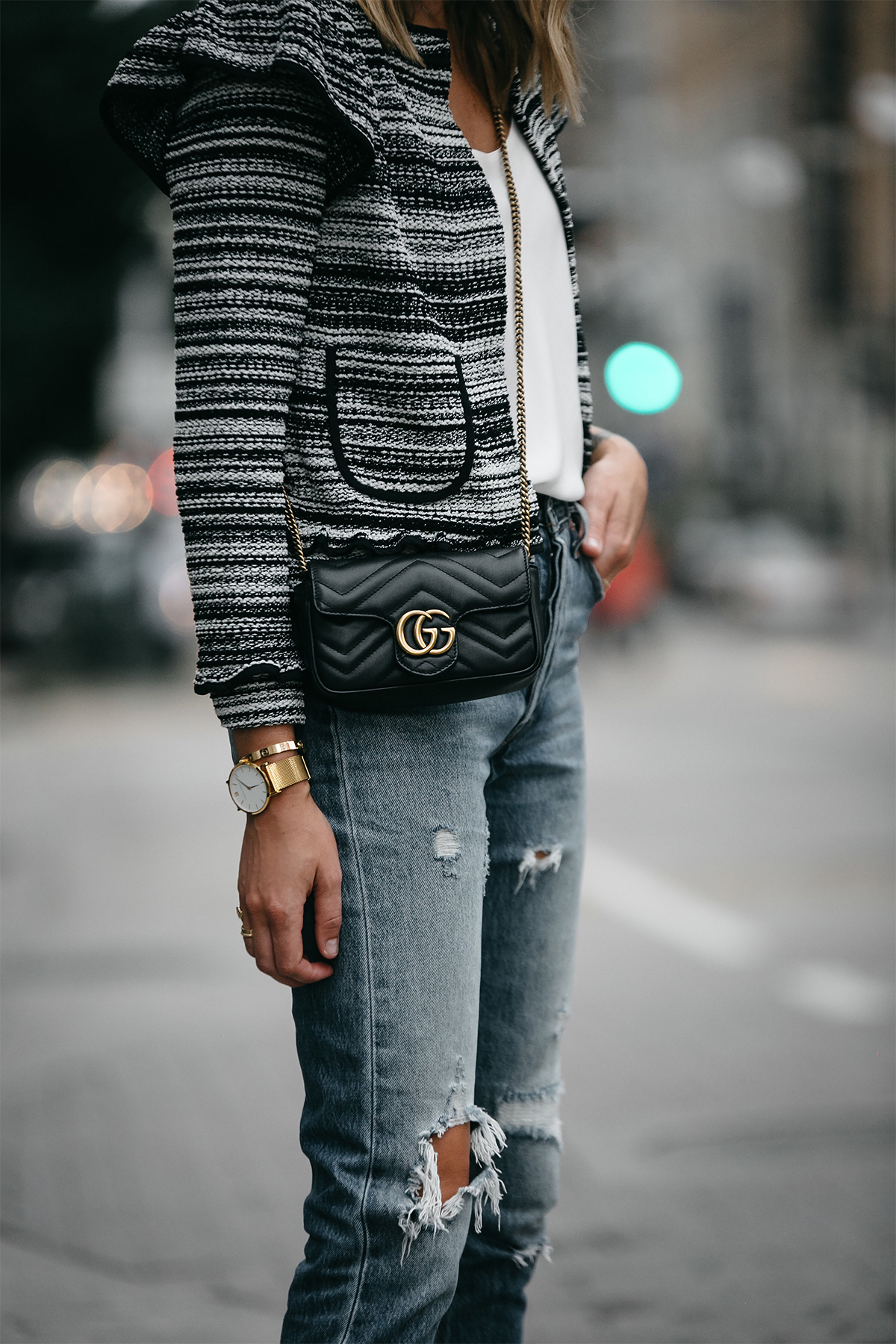 Club Monaco Tweed Jacket Denim Ripped Jeans Gucci Mini Marmont Handbag Fashion Jackson Dallas Blogger Fashion Blogger Street Style
